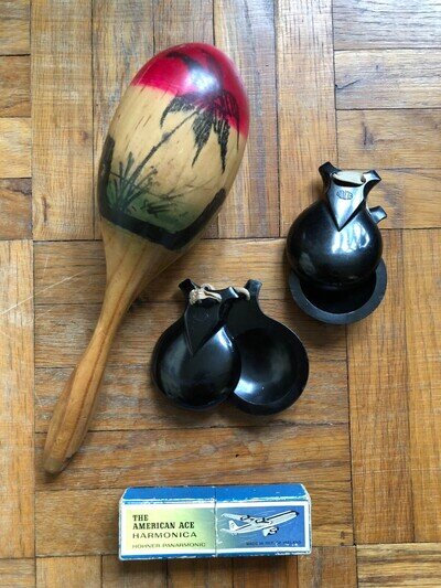LOT of 4 Music Instruments SPANISH CASTANET BY ELTON+ Maraca + Harmonica