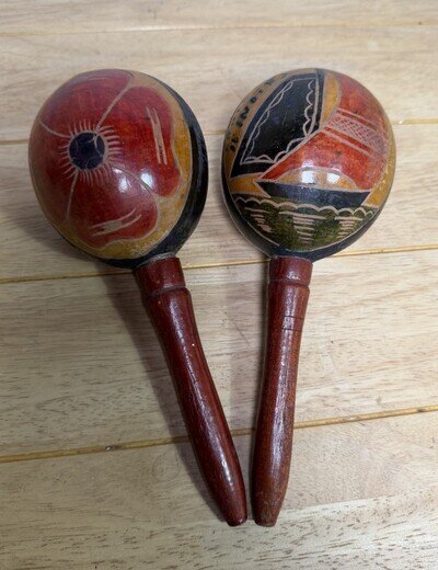 Vintage Wooden Maracas Pair Hand Painted Cartagena Columbia Ship & Floral Shaker