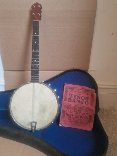 Antique Vintage collectable 4 String Tennor Banjo With Original Case & Book