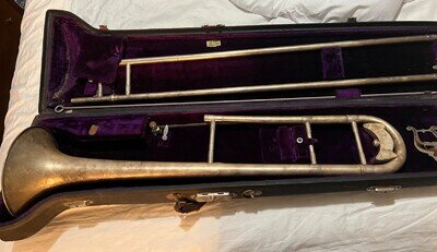 HOLTON ANTIQUE SILVER PLATED TROMBONE REVELATION MULTIPLE MARKS NUMBERS/CASE