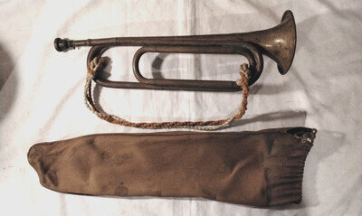 ANTIQUE "LEEDY" ALTO BRASS BUGLE W/BRADED ROPE AND ORIGINAL CANVAS CARRYING BAG