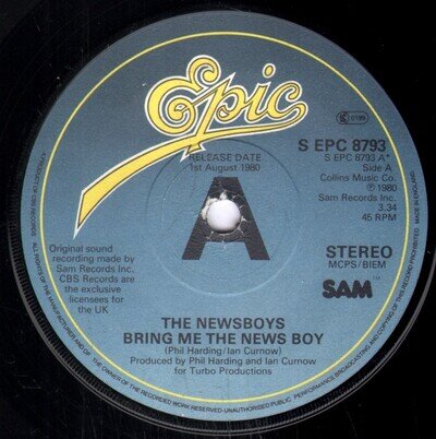 Newsboys (80's Group) Bring Me the News Boy 7" vinyl UK Epic 1980 Promo copy b/w