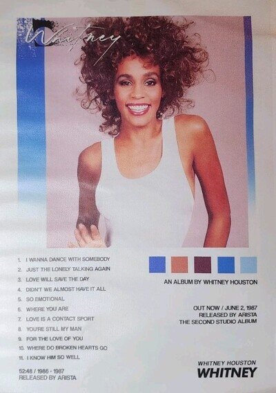 WHITNEY HOUSTON album cover and songs canvas poster 18.5"x 13" 1987