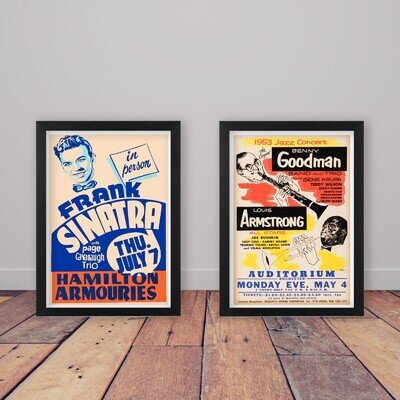 Set of 2 Vintage Jazz Concert Poster Prints Framed Wall Art Sinatra, Armstrong