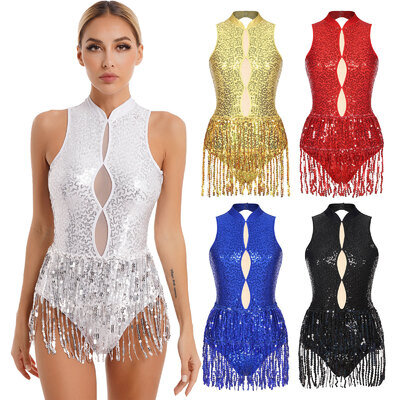 Womens Sequins Tassel Leotard Sleeveless Backless Fringed Bodysuit Dance Costume