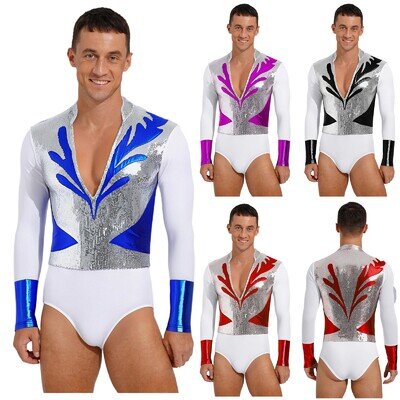Men's Long Sleeve Figure Skating Bodysuit Metallic Ballet Latin Dance Leotard