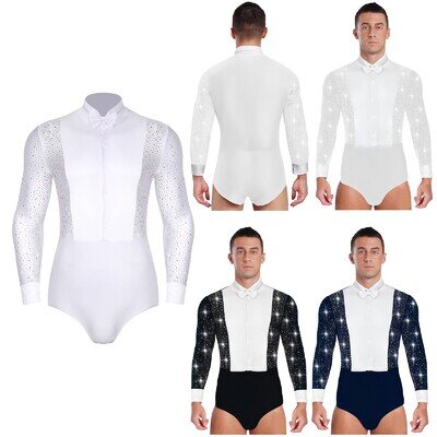 Mens Shiny Latin Ballet Dance Shirt Leotard Long Sleeve Ballroom Samba Salsa Top