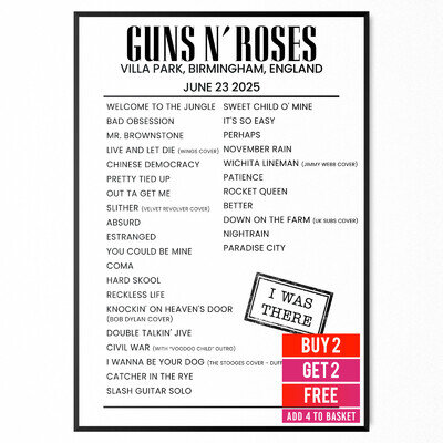 Guns N' Rose Setlist Poster 23rd June UK Tour For Gun N' Roses Fans Poster A5-A3