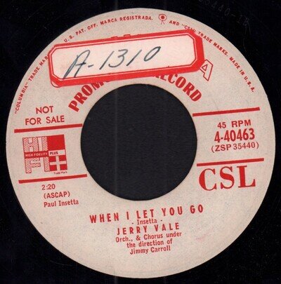 Jerry Vale When I Let You Go 7" vinyl USA Columbia 1955 promo has sticker on