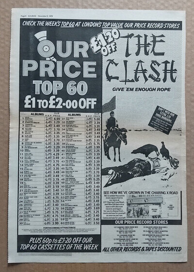 CLASH GIVE 'EM ENOUGH ROPE at Our Price POSTER SIZED PUNK music press ad 1978