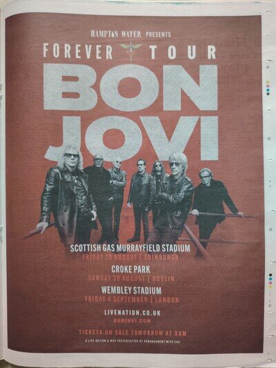 BON JOVI LIVE 2026 FOREVER TOUR Whole Newspaper Poster Page Announcement