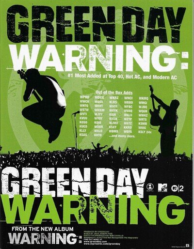 GREEN DAY Rare VINTAGE Warning PROMO TRADE AD Poster for 2001 CD 8.5x11 MINT