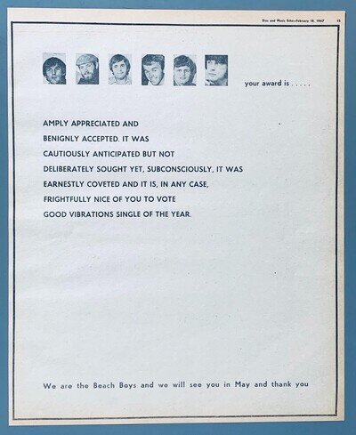 THE BEACH BOYS 1967 original POSTER ADVERT GOOD VIBRATIONS UK Concert Tour