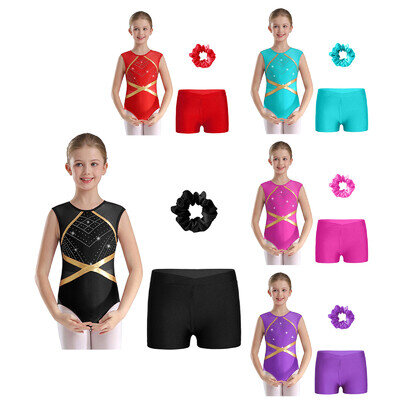Kids Girls Dance Gymnastics Leotard Rhinestone Bodysuit with Shorts Hair Tie Set