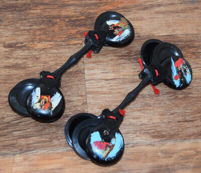 Vintage Castanets Wooden Castanet set Hand Painted VG Flamenco Dancer UK SELLER
