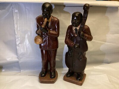 2 Jazz Musicians Double Bass And Saxophonist Figures Ceramic, Height Approx 25cm