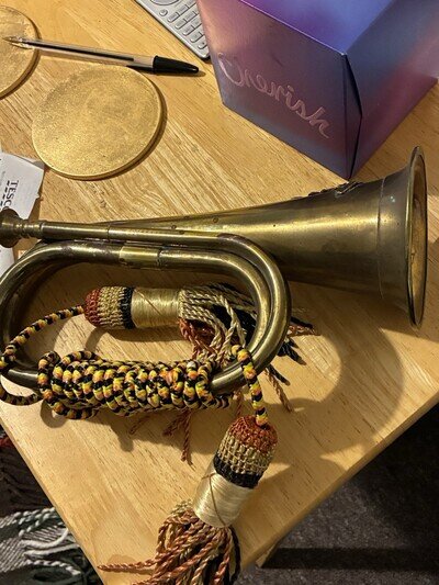 Vintage Copper/Brass Army Bugle with Coloured Ensign Sash