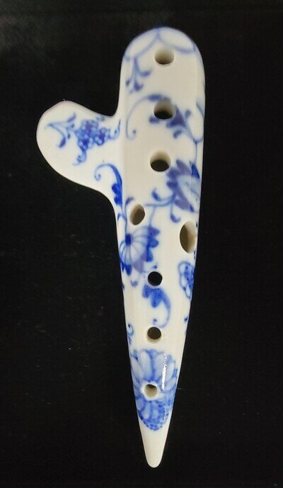 Antique Meissen German Porcelain Ocarina, Blue Floral 12-hole