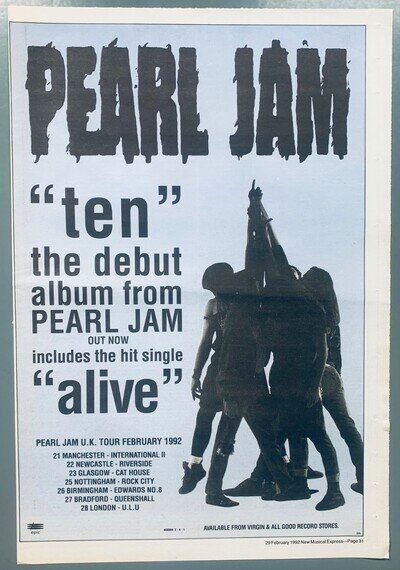 PEARL JAM original 1992 POSTER ADVERT TEN Eddie Vedder UK CONCERT TOUR Alive