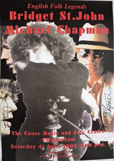 MICHAEL CHAPMAN & BRIDGET ST JOHN POSTER A3 - SIGNED BY BOTH - CHIPPENHAM 2009