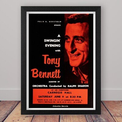 Framed Vintage Tony Bennett Jazz Concert Poster Print Wall Art Carnegie Hall