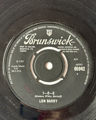 Len Barry 1-2-3 Single 1965, 7" Vinyl, Brunswick VG+/EX Condition