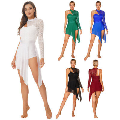 Womens Long Sleeve Lace Patchwork Lyrical Dance Costume Figure Skating Dresses