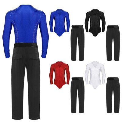 Mens 2 Piece Competition Dancewear Jazz Outfits Chacha V Neck Tango Front Zip