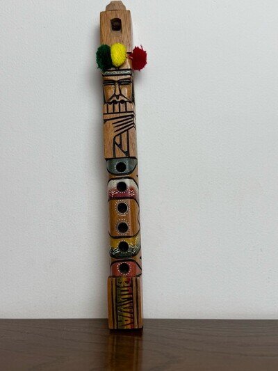 vtg WOODEN FLUTE MUSICAL INSTRUMENT hand carved FOLK ART Tiki totem pole