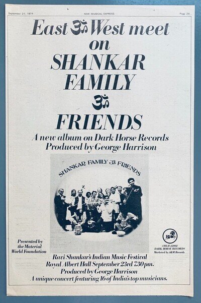 RAVI SHANKAR FAMILY & FRIENDS 1974 POSTER ADVERT George Harrison DARK HORSE