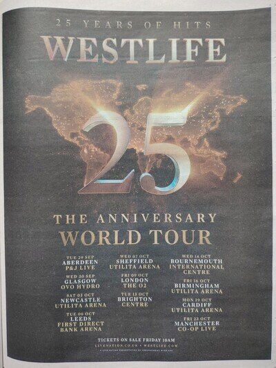 WESTLIFE LIVE 25 THE ANNIVERSARY WORLD TOUR 2026 Whole Newspaper Poster Page