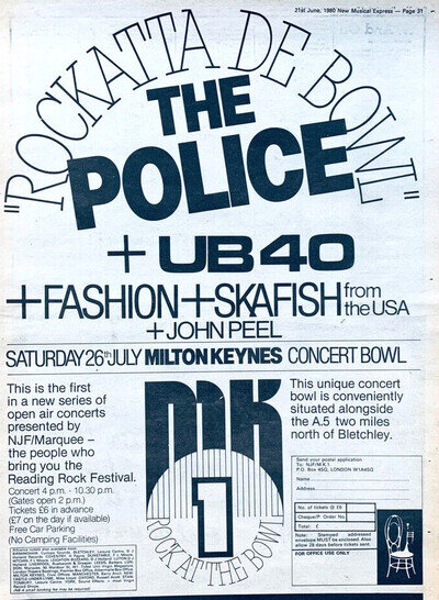 THE POLICE 1980 POSTER ADVERT CONCERT MILTON KEYNES Sting ROCKATTA DE BOWL
