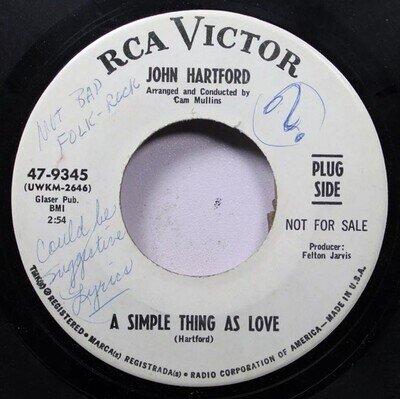 John Hartford - A Simple Thing As Love / Landscape Grown Cold - Promo - Y8100z