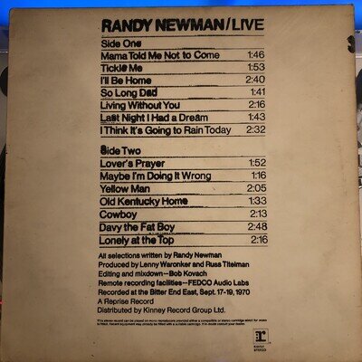 Randy Newman, Live, Vinyl Lp, Reprise 1971, VG/VG
