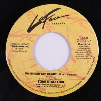 R&B Hip Hop 45 TONI BRAXTON Un-Break My Heart LAFACE with jukebox tag HEAR d