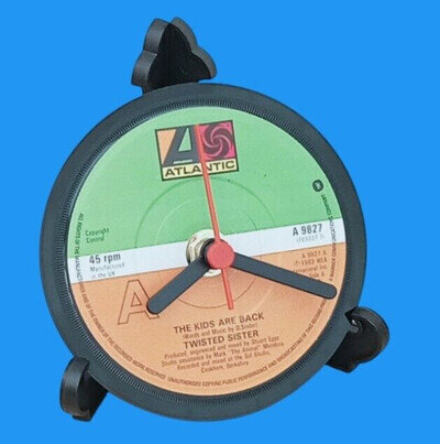TWISTED SISTER CLOCK Desk Table Top CLOCK Upcycled Vinyl ROCK SINGLE Record 4"