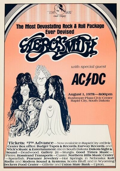 1978 AEROSMITH & AC/DC Rapid City SD 13 x 17 Reproduction Concert Poster