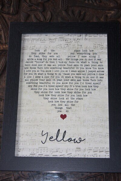 YELLOW by Coldplay Framed printed lyrics on A4 in black frame 26x24 cm