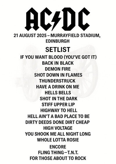 AC/DC Edinburgh 2025 Setlist Poster – Murrayfield Stadium 21 Aug – Limited Print