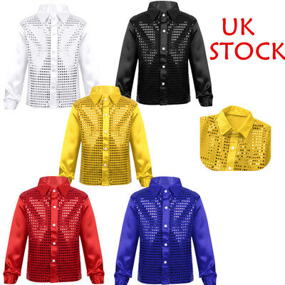 UK Kids Boys Sequins Button Down Shirts Disco Hip-hop Show Shirt Dancewear