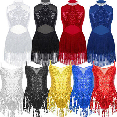 UK Girl's Sparkle Sequins Dress Sleeveless Mesh Latin Jazz Modern Dance Costume