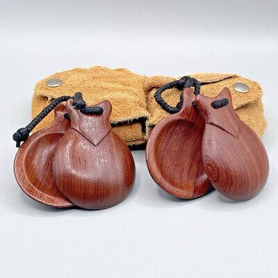 Wooden Castanets with Suede Pouch Folk Dance Percussion Lathe Turned Pair VTG