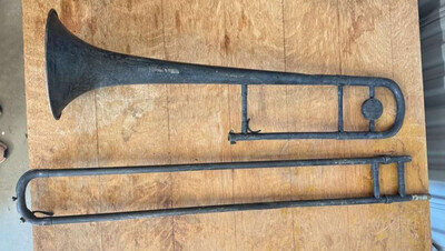 RARE ANTIQUE TROMBONE with EAGLE & SHIELD ENGRAVING – BRASS – VINTAGE