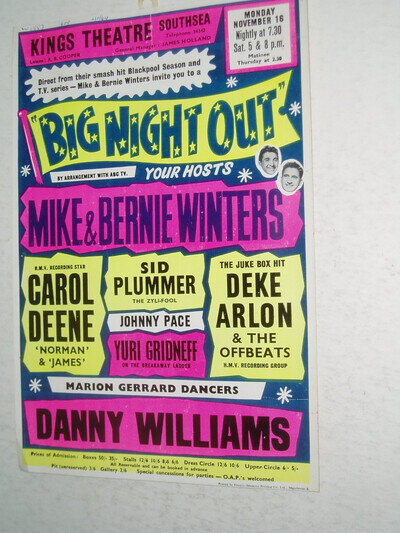 MIKE & BERNIE WINTERS,CAROL DEENE ORIGINAL THEATRE POSTER CARD Southsea 1964