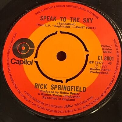 RICK SPRINGFIELD Speak To The Sky 1972 UK 7" vinyl single original 45 Why?