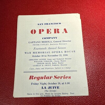 San Francisco Opera Company Season Poster 1936 24” X 5”