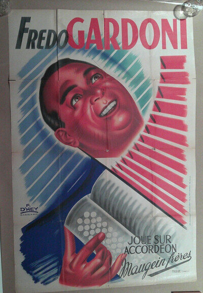 *VINTAGE 1940s FREDO GARDONI FRENCH ACCORDION LARGE MUSIC PROMO POSTER*
