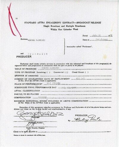 -Rare- 1977 -BEATLES GEORGE HARRISON- Signed/Autograph/Auto Radio Contract w/LOA