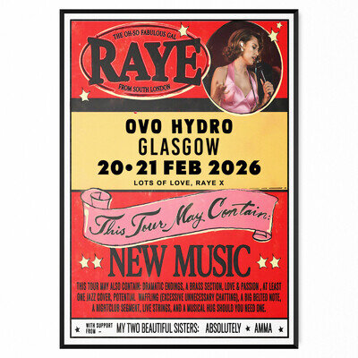 Raye Concert Poster Glasgow 2026 20-21 Feb 2026 Poster For Raye Fans A5-A1