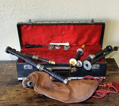 Early Original Scottish Wooden Music Bagpipes & Case For Parts or Repair